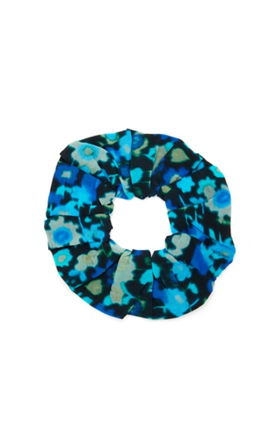 Shop Ganni Floral-print Silk-blend Hair Tie In Blue
