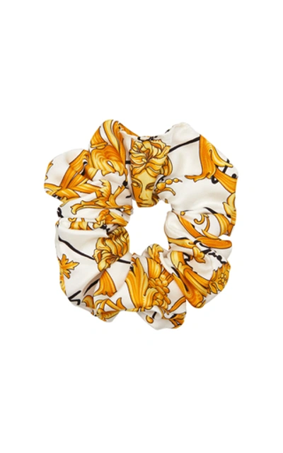 Shop Versace Printed Satin Hair Tie In White