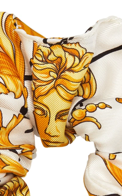 Shop Versace Printed Satin Hair Tie In White