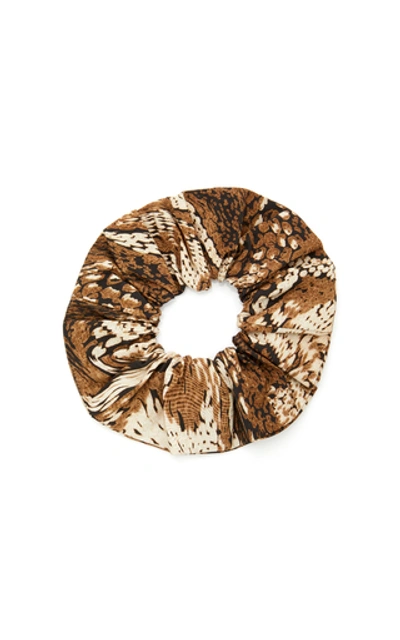 Shop Ganni Printed Cotton-poplin Hair Tie In Brown