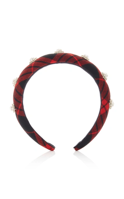 Shop Jennifer Behr Devina Crystal-embellished Checked Wool Headband In Red