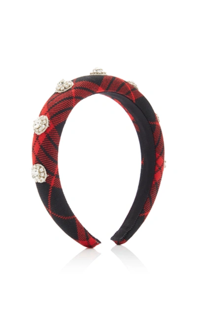 Shop Jennifer Behr Devina Crystal-embellished Checked Wool Headband In Red