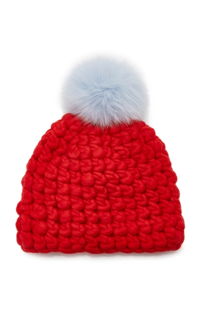 Shop Mischa Lampert Solid Fur Pom-pom Wool Beanie In Red