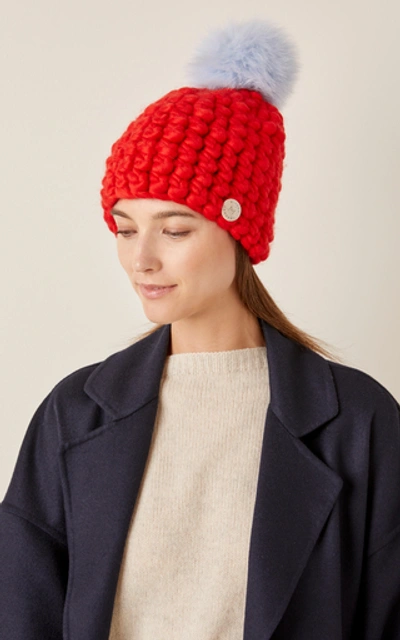 Shop Mischa Lampert Solid Fur Pom-pom Wool Beanie In Red