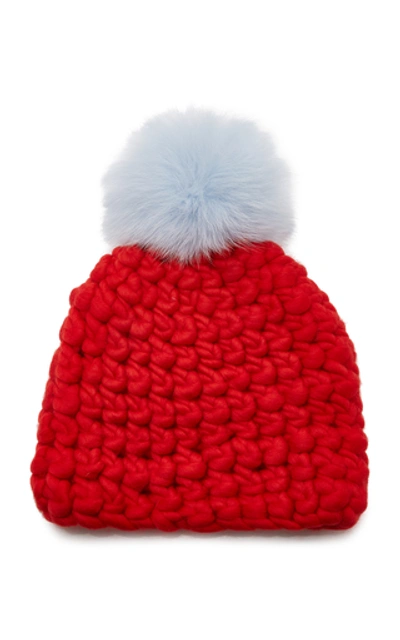Shop Mischa Lampert Solid Fur Pom-pom Wool Beanie In Red