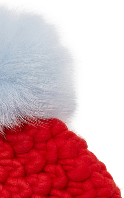 Shop Mischa Lampert Solid Fur Pom-pom Wool Beanie In Red