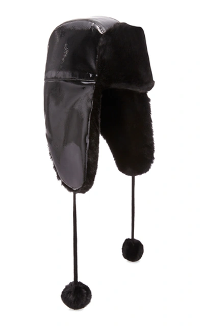 Shop Eric Javits Patent Trooper Faux Fur-lined Vinyl Hat In Black