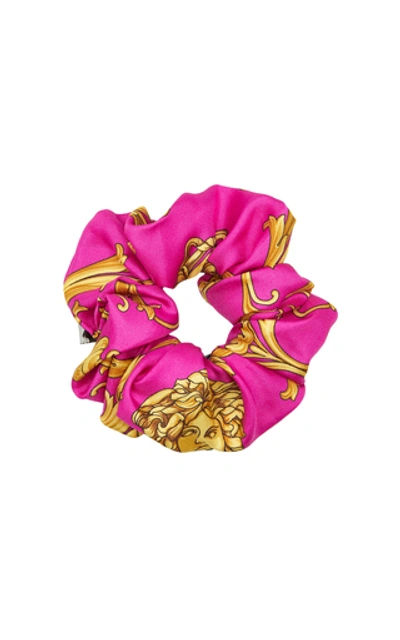 Shop Versace Printed Satin Hair Tie In Pink