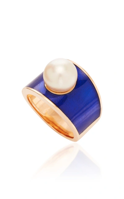 Shop Gilan Hafsa 18k Rose Gold And Pearl Ring In Blue