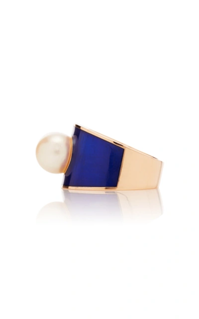 Shop Gilan Hafsa 18k Rose Gold And Pearl Ring In Blue