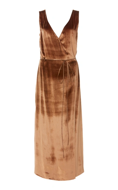 Shop Vince Panne Wrap-effect Velvet Midi Dress In Brown