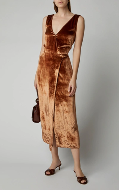 Shop Vince Panne Wrap-effect Velvet Midi Dress In Brown