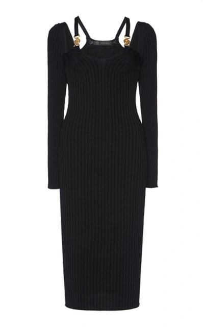 Shop Versace Cutout Ribbed Stretch-knit Midi Dress In Black