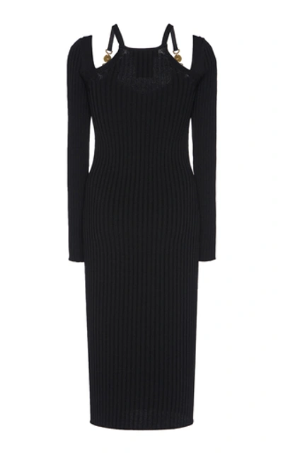 Shop Versace Cutout Ribbed Stretch-knit Midi Dress In Black
