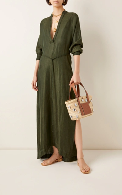 Shop Bondi Born Tie-front Cupro And Linen-blend Midi Dress In Green