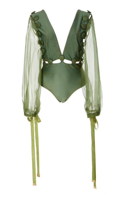 Shop Água De Coco Long Sleeved One Piece Swimsuit In Green