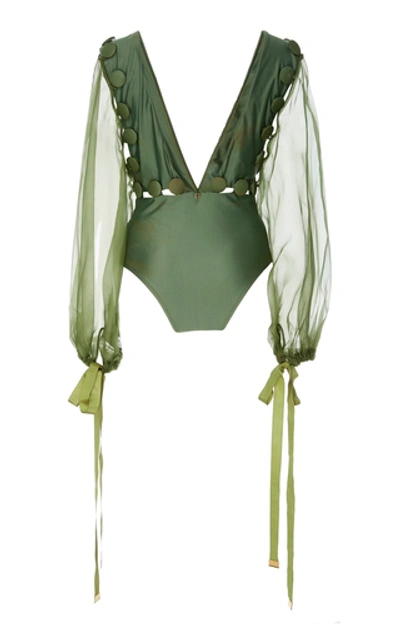 Shop Água De Coco Long Sleeved One Piece Swimsuit In Green