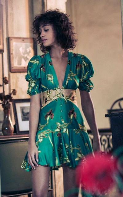 Shop Alexis Nari Floral-print Ruffled Crepe De Chine Mini Dress In Green