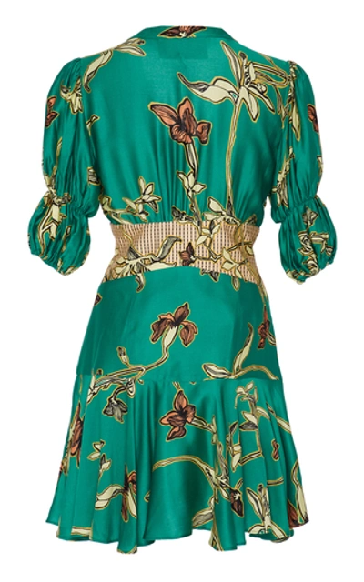 Shop Alexis Nari Floral-print Ruffled Crepe De Chine Mini Dress In Green