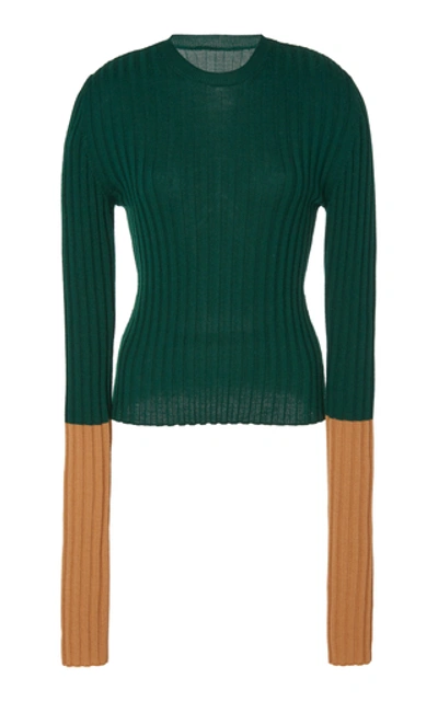 Shop Jw Anderson Long Sleeve Ribbed Wool Top In Green
