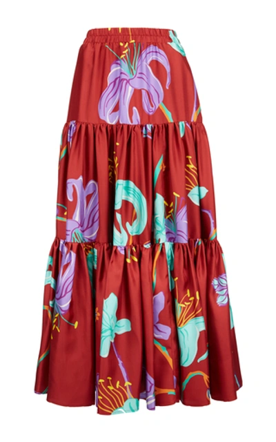 Shop La Doublej Printed Silk Maxi Skirt In Red