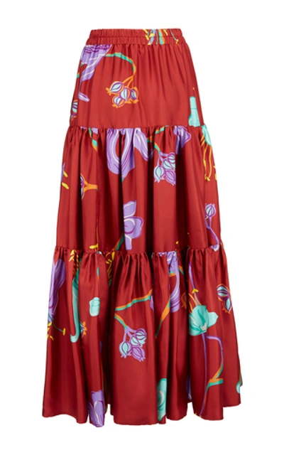 Shop La Doublej Printed Silk Maxi Skirt In Red