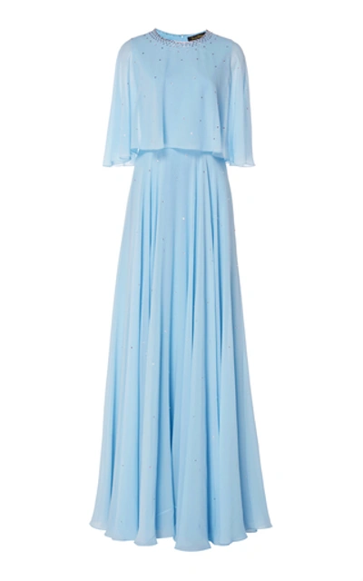 Shop Jenny Packham Loulou Embellished Chiffon Cape Gown In Blue