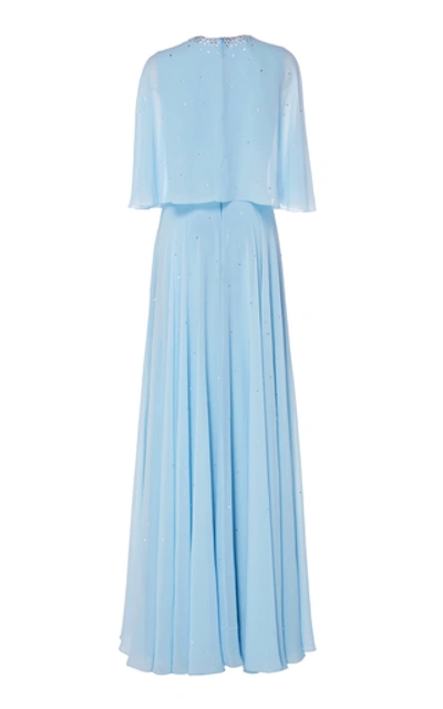Shop Jenny Packham Loulou Embellished Chiffon Cape Gown In Blue