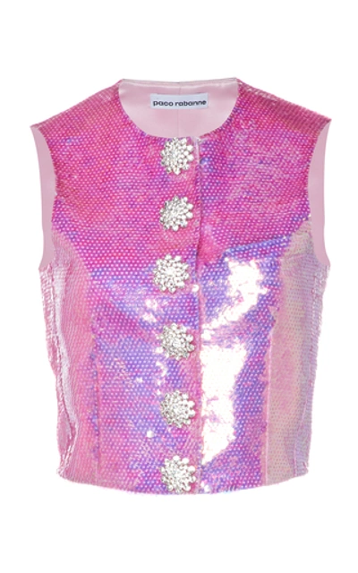 Shop Paco Rabanne Sequin-embellished Cropped Vest In Pink