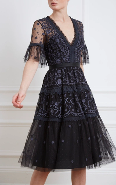 Shop Needle & Thread Midsummer Lace-trimmed Embroidered Point D'esprit Tull In Black