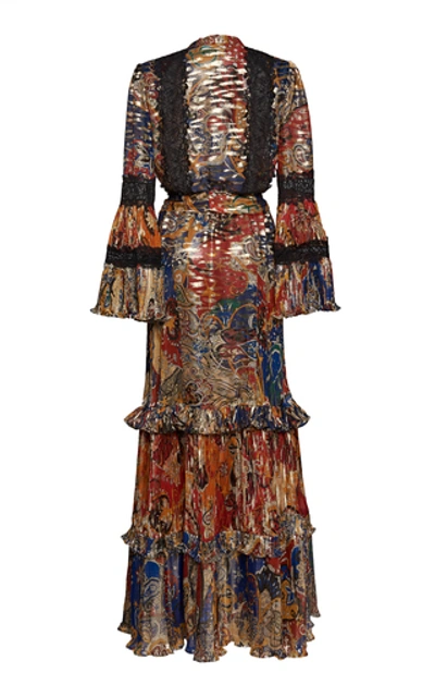 Shop Dundas Ruffled Printed Plissé-silk Maxi Dress In Multi