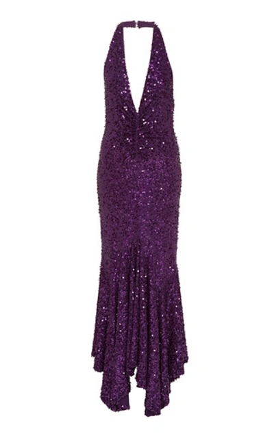 Shop Michael Kors Pleated Sequined Halter Dress In Purple