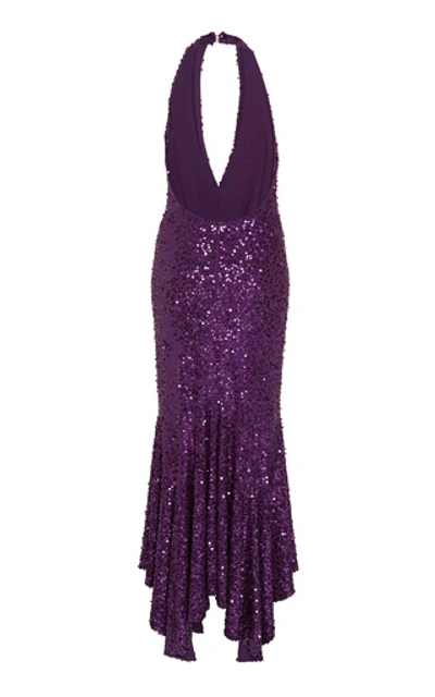 Shop Michael Kors Pleated Sequined Halter Dress In Purple