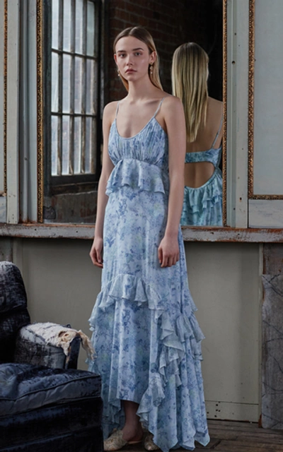 Shop Amur Promise Ruffled Silk Asymmetrical Maxi Dress In Print
