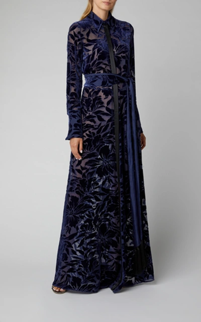 Shop Galvan Winter Jungle Belted Devoré-velvet Maxi Dress In Navy