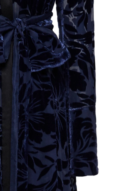 Shop Galvan Winter Jungle Belted Devoré-velvet Maxi Dress In Navy