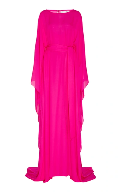 Shop Oscar De La Renta Belted Silk-satin Caftan Gown In Pink