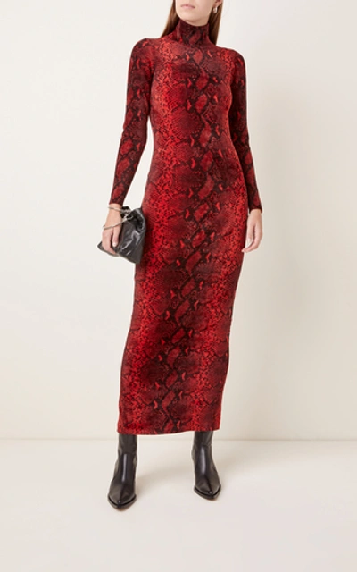 Shop Alexander Wang Snake-print Chenille Turtleneck Midi Dress In Red