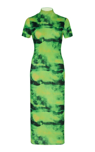 Shop Versace Tie-dyed Silk Turtleneck Midi Dress In Green