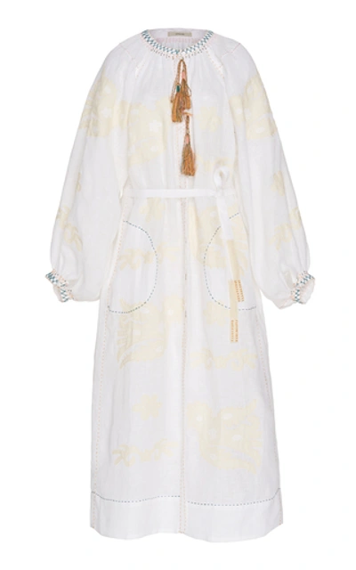 Shop Vita Kin Parrot Appliquéd Embroidered Linen Midi Dress In White
