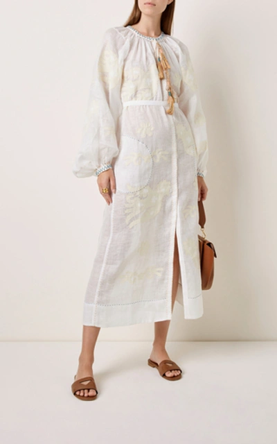 Shop Vita Kin Parrot Appliquéd Embroidered Linen Midi Dress In White