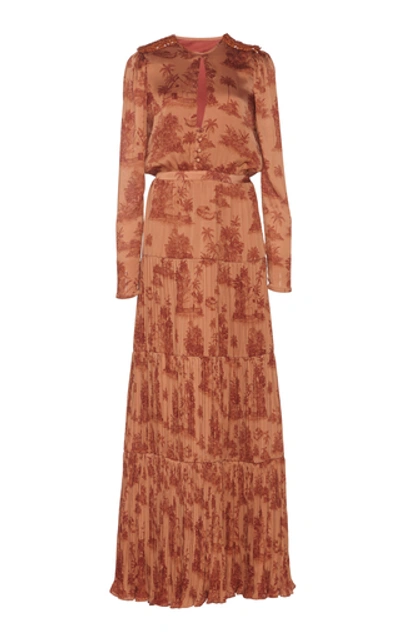 Shop Johanna Ortiz In Search Of Serenity Printed Plissé-satin Maxi Dress In Orange