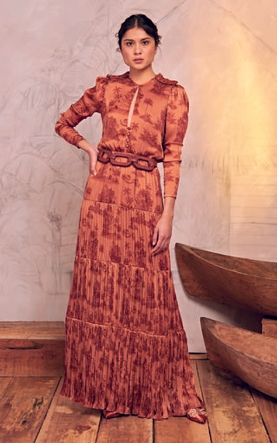 Shop Johanna Ortiz In Search Of Serenity Printed Plissé-satin Maxi Dress In Orange