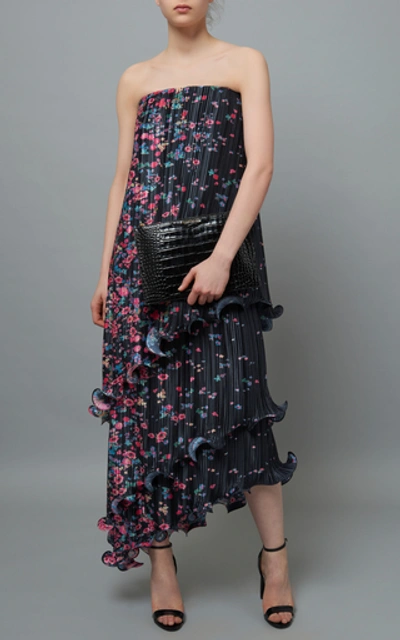 Shop Givenchy Strapless Floral-print Plissé-crepe Midi Dress