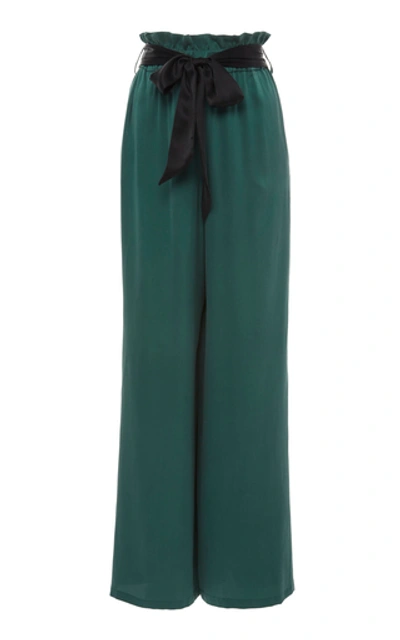 Shop Asceno Paperbag Wide-leg Silk-satin Pajama Pant In Green