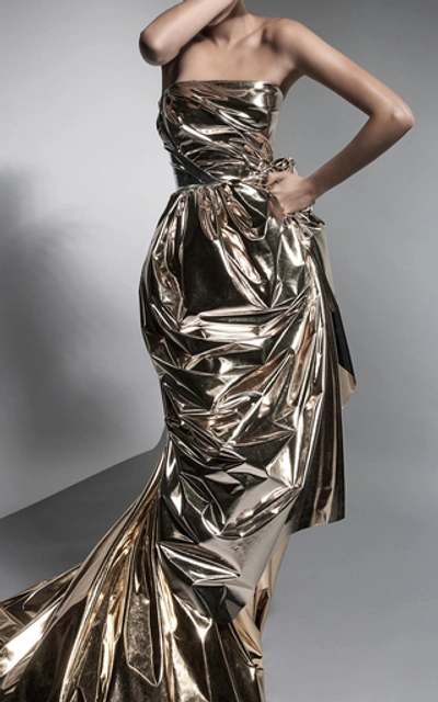 Shop Maticevski Liquefy Draped Lamé Gown In Gold