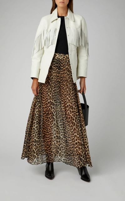 Shop Ganni Georgette Pleated Leopard Maxi Skirt In Animal