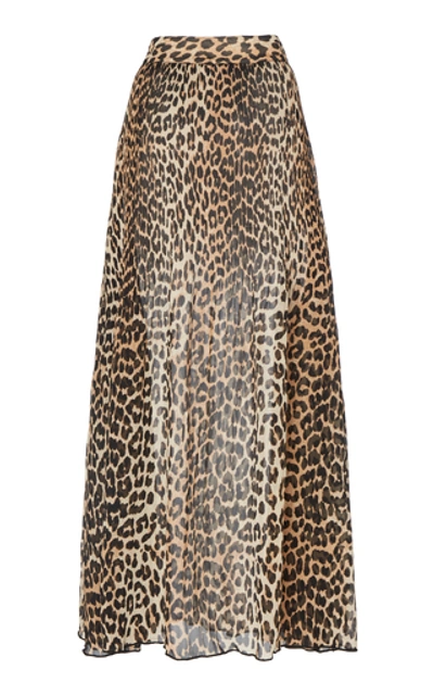 Shop Ganni Georgette Pleated Leopard Maxi Skirt In Animal