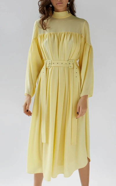 Shop Anna October Mila Sheer Yoke Belted Dress In Yellow