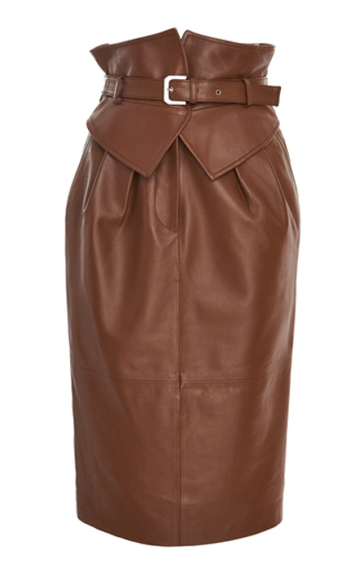 Shop Alberta Ferretti Belted Leather Pencil Midi Skirt In Brown